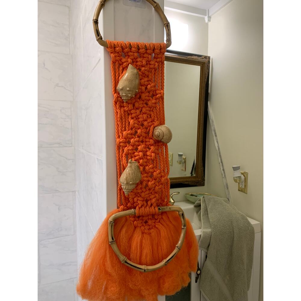 vintage orange macrame towel holder shell hippie